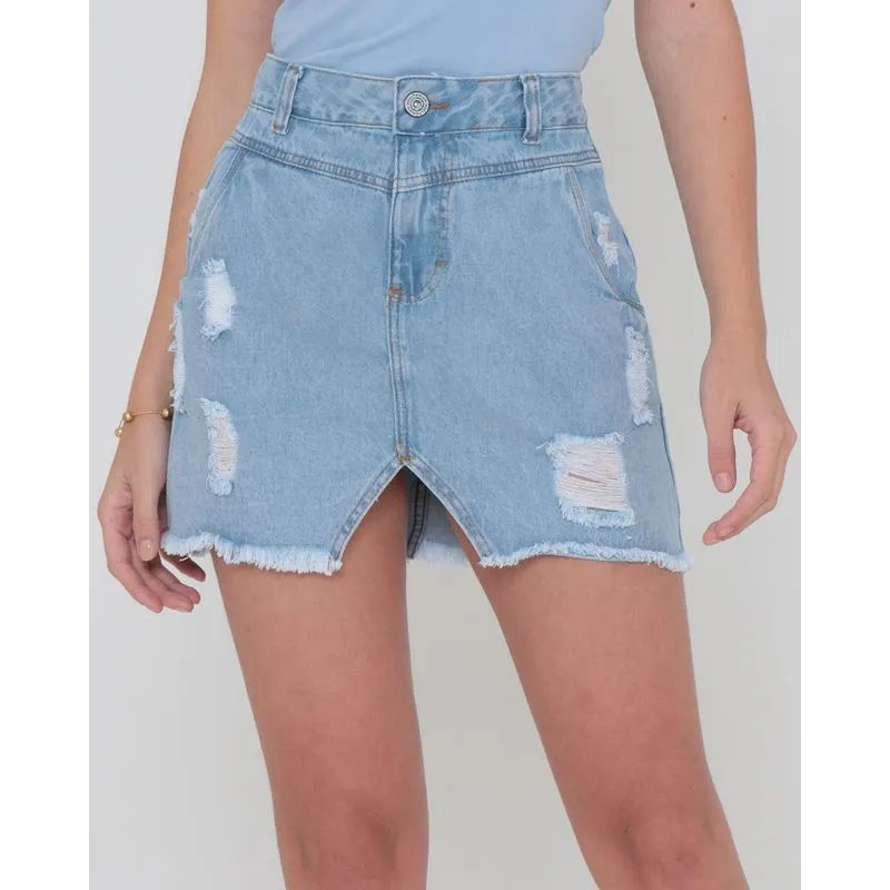 Saia Jeans Curta Destroyed Azul 40