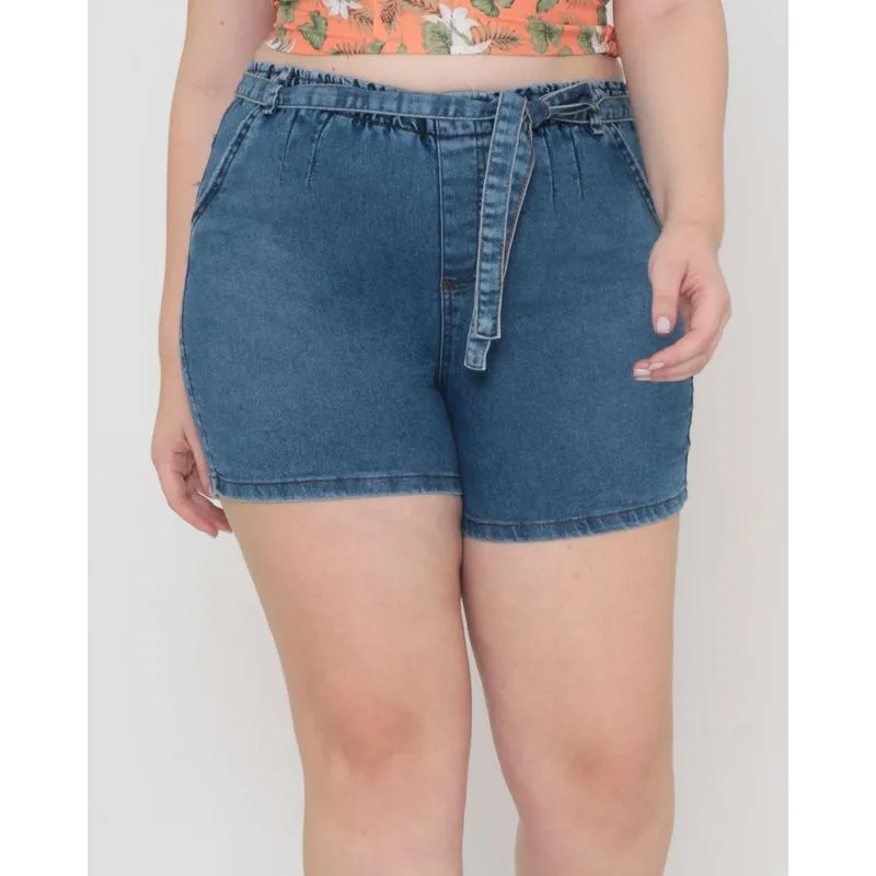 Bermuda Jeans Feminina Plus Size Com Elástico Azul 48