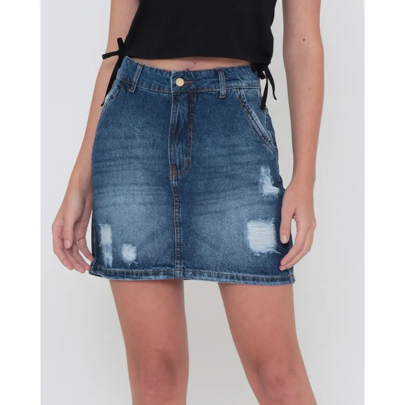 Saia Jeans Destroyed Denim Azul 44