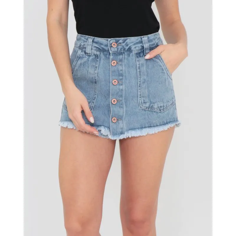Short Saia Jeans Feminino Com Botões Azul Claro 38