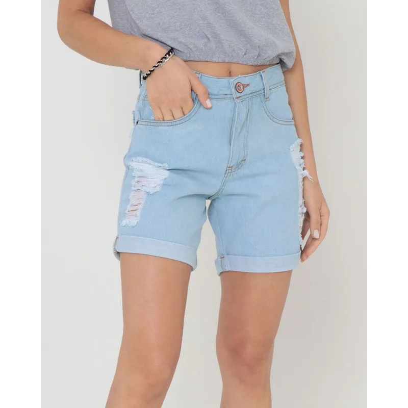 Bermuda Jeans Feminina Destroyed Barra Dobrada Azul 44