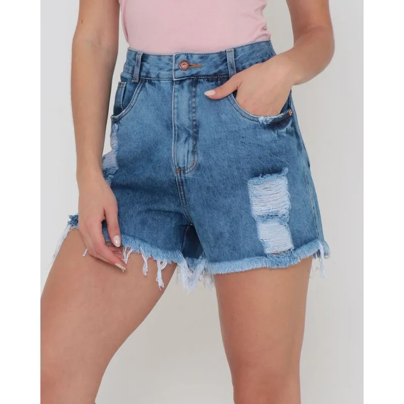 Short Jeans Feminino Destroyed Azul Claro 44