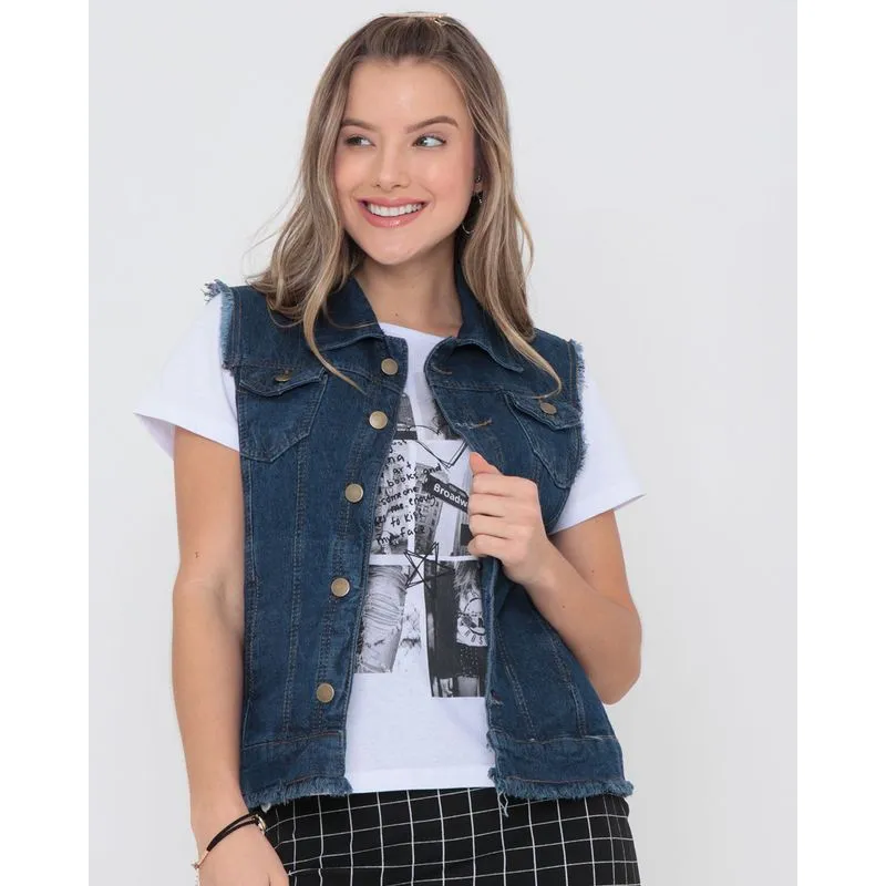 Colete Jeans Feminino Com Bolsos Desfiado Azul GG