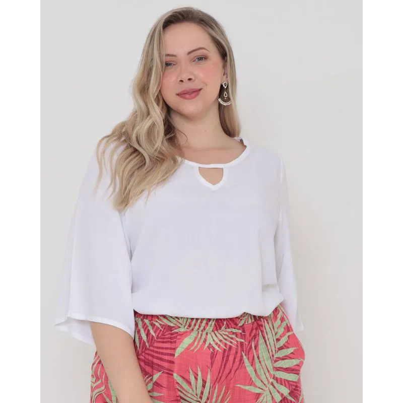 Blusa Plus Size Viscose Manga 7/8 Lisa Branca G3