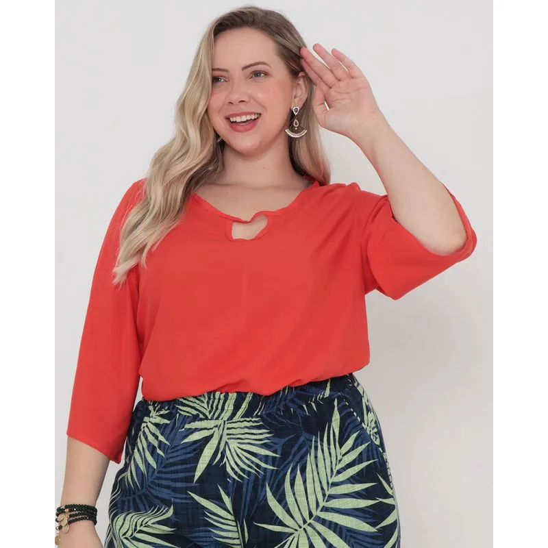 Blusa Plus Size Viscose Manga 7/8 Lisa Laranja G3