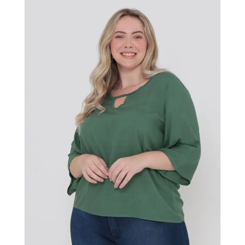 Blusa Plus Size Viscose Manga 7/8 Lisa Verde G3