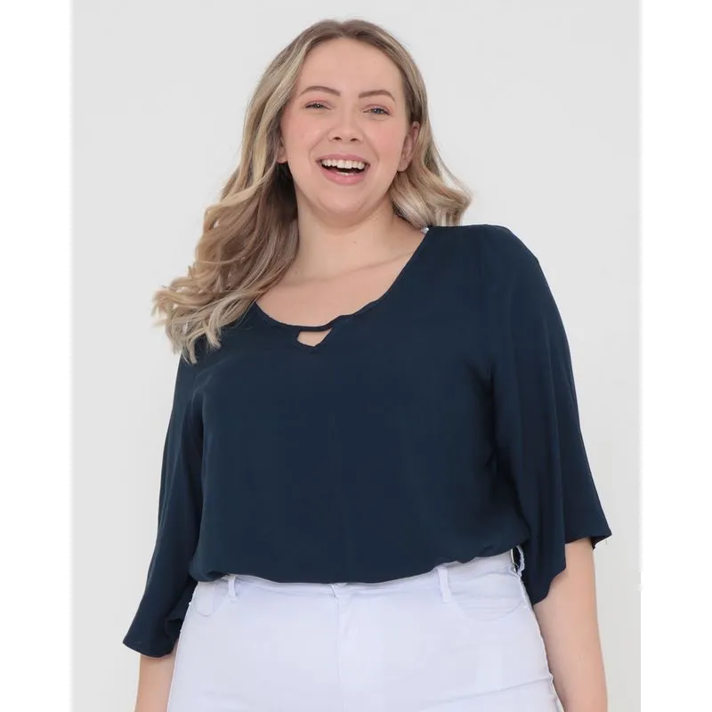Blusa Plus Size Viscose Manga 7/8 Lisa Azul Marinho G2