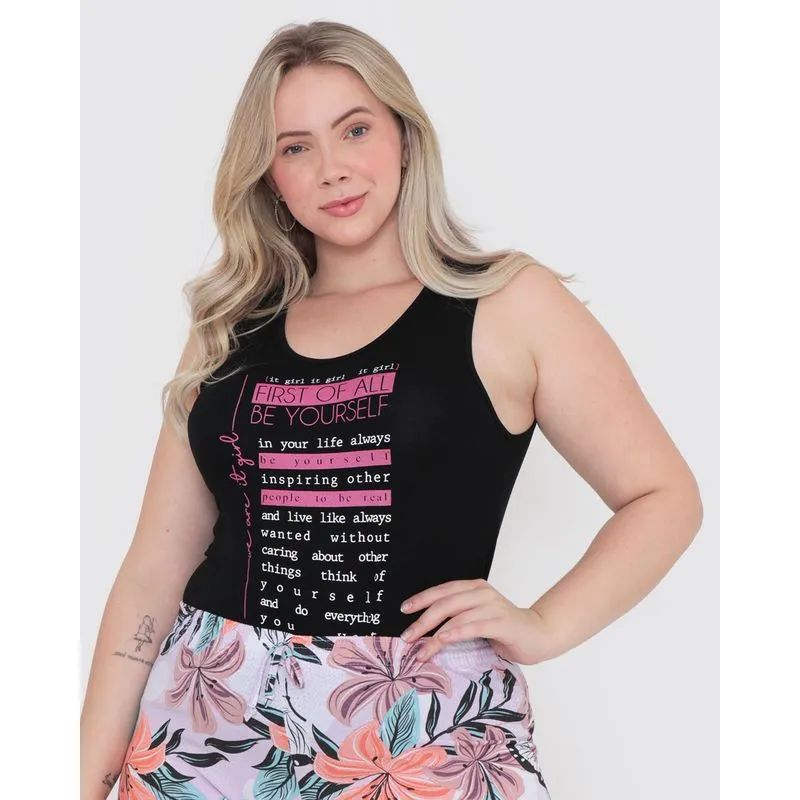 Regata Plus Size Feminina Malha Preta G2
