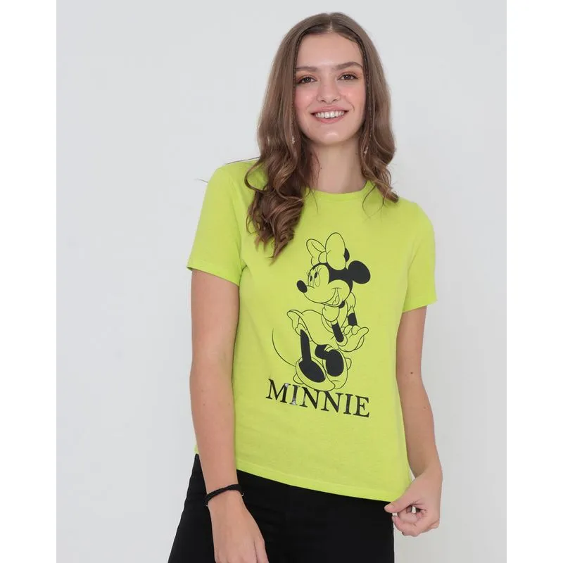 Camiseta Feminina Algodão Disney Minnie Manga Curta Verde P