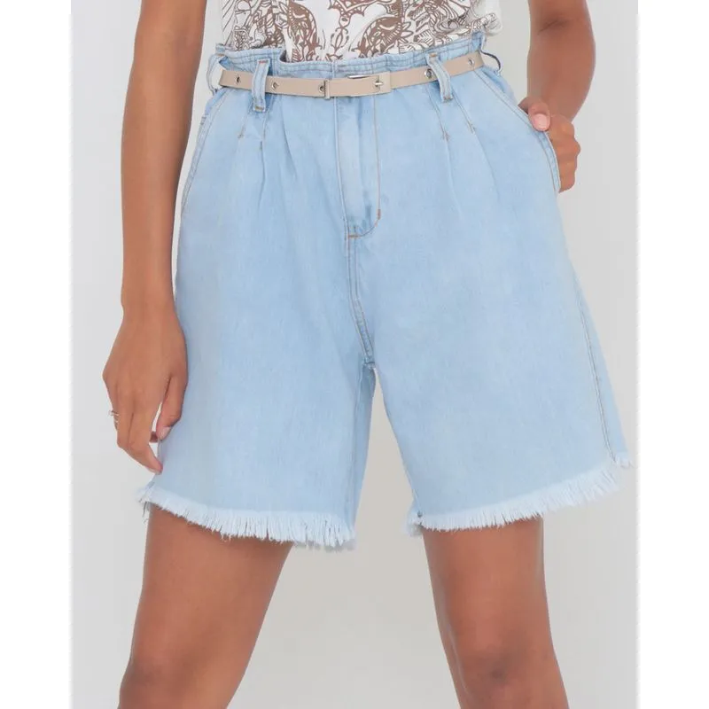 Bermuda Jeans Feminina Cintura Alta Desfiada Azul Claro 42