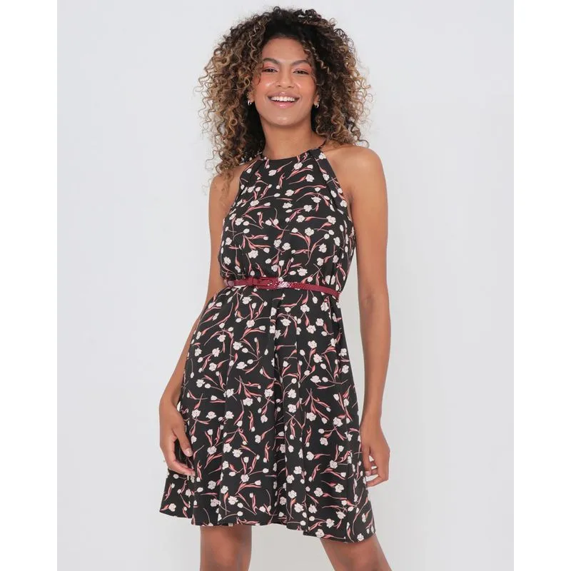 Vestido Crepe Cava Americana Estampa Floral Preto M