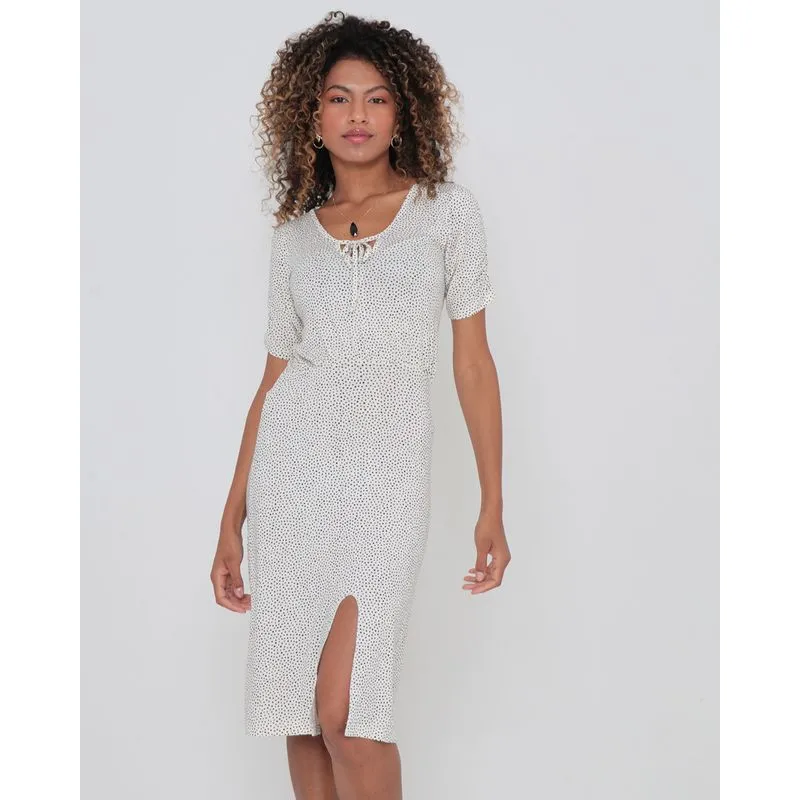 Vestido Midi Com Fenda E Decote Gota Poá Branco M