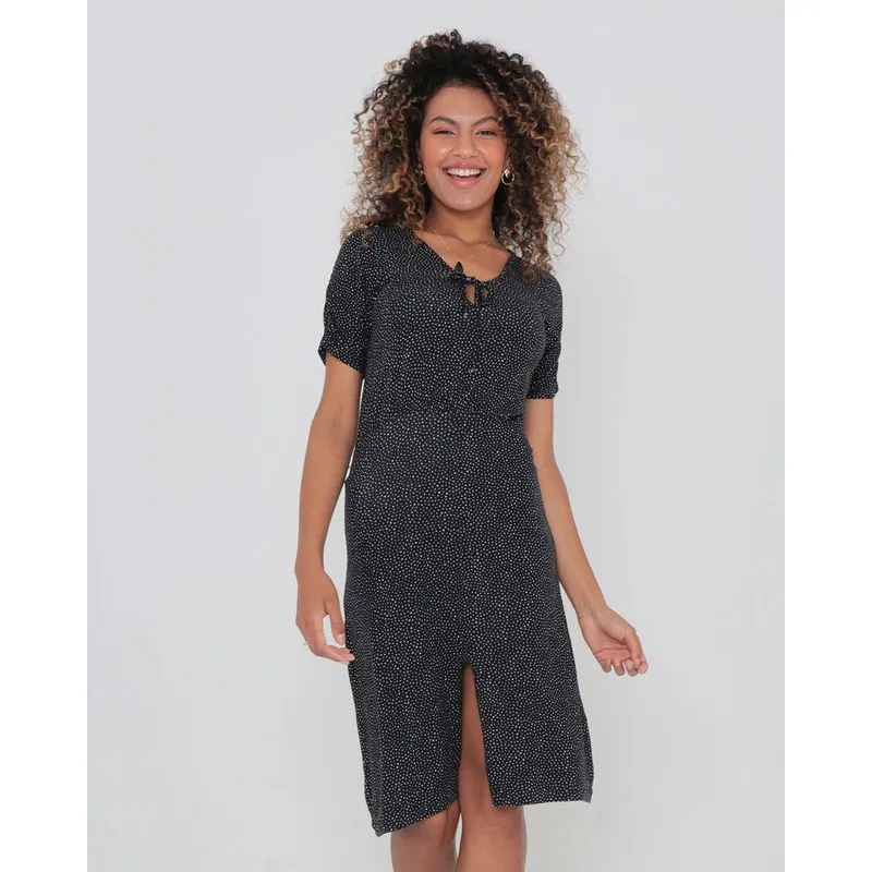 Vestido Midi Com Fenda E Decote Gota Poá Preto P
