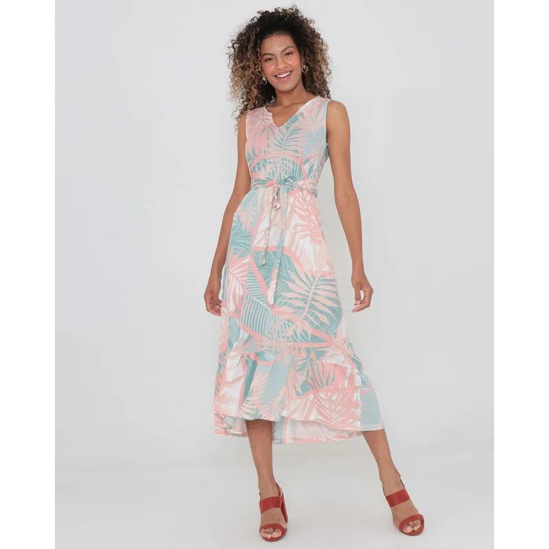 Vestido Midi Com Amarração Estampa Tropical Rosa P