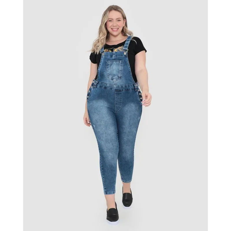 Macacão Jeans Feminino Plus Size Skinny Azul 50