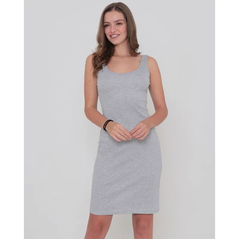 Vestido Malha Canelada Básico Cinza Claro G