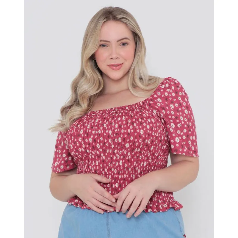 Blusa Ciganinha Plus Size Estampada Floral Vermelha G3