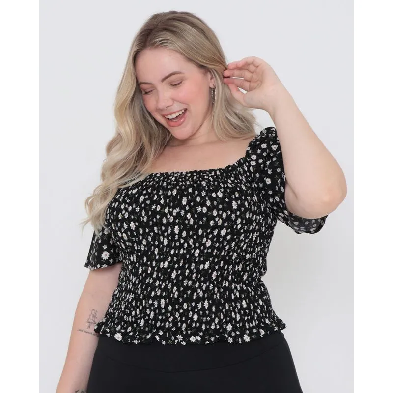 Blusa Ciganinha Plus Size Estampada Floral Preta G3