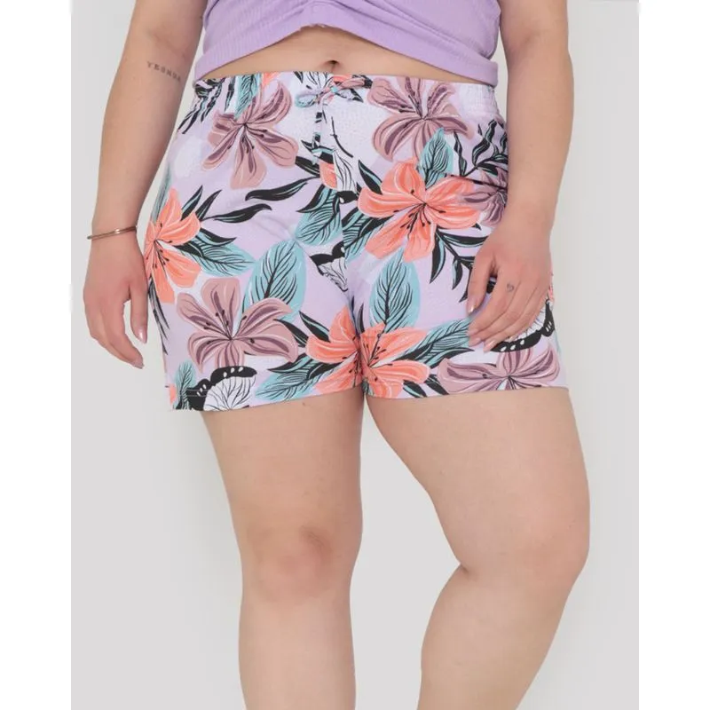 Short Plus Size Elástico Estampado Floral Lilás G2