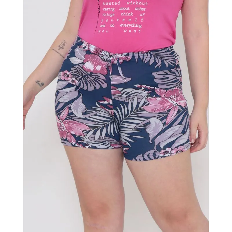 Short Plus Size Elástico Estampado Floral Azul Marinho G1