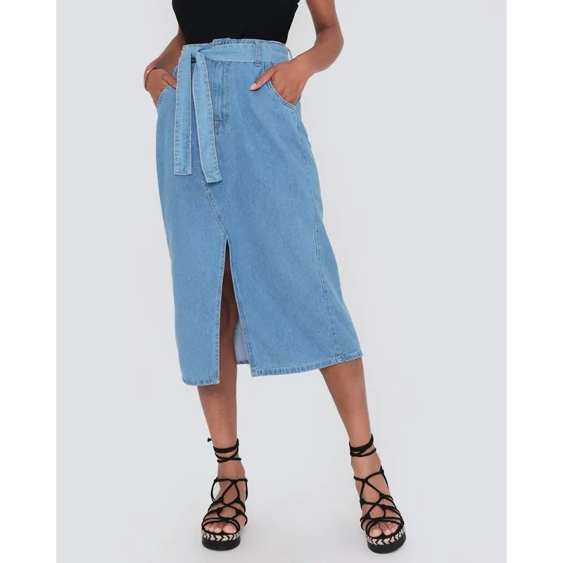 Saia Jeans Midi Com Faixa E Abertura Frontal Azul Claro 44