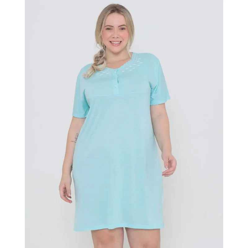 Camisola Plus Size Decote Bordado Azul Claro G2