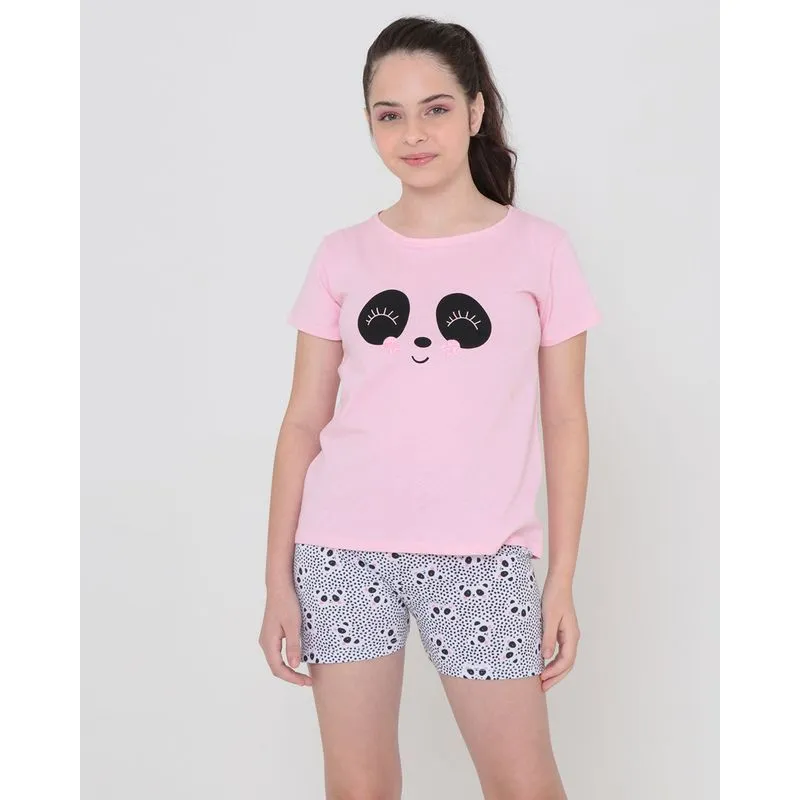Pijama Juvenil Com Tapa Olho Estampa Panda Rosa 12