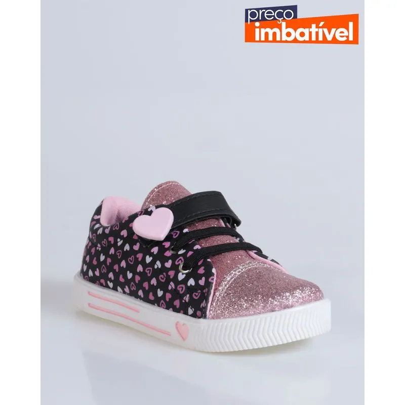 Tênis Bebê Glitter Corações Casual Preto 21