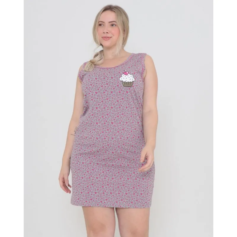Camisola Plus Size Estampada Corações Rosa 48