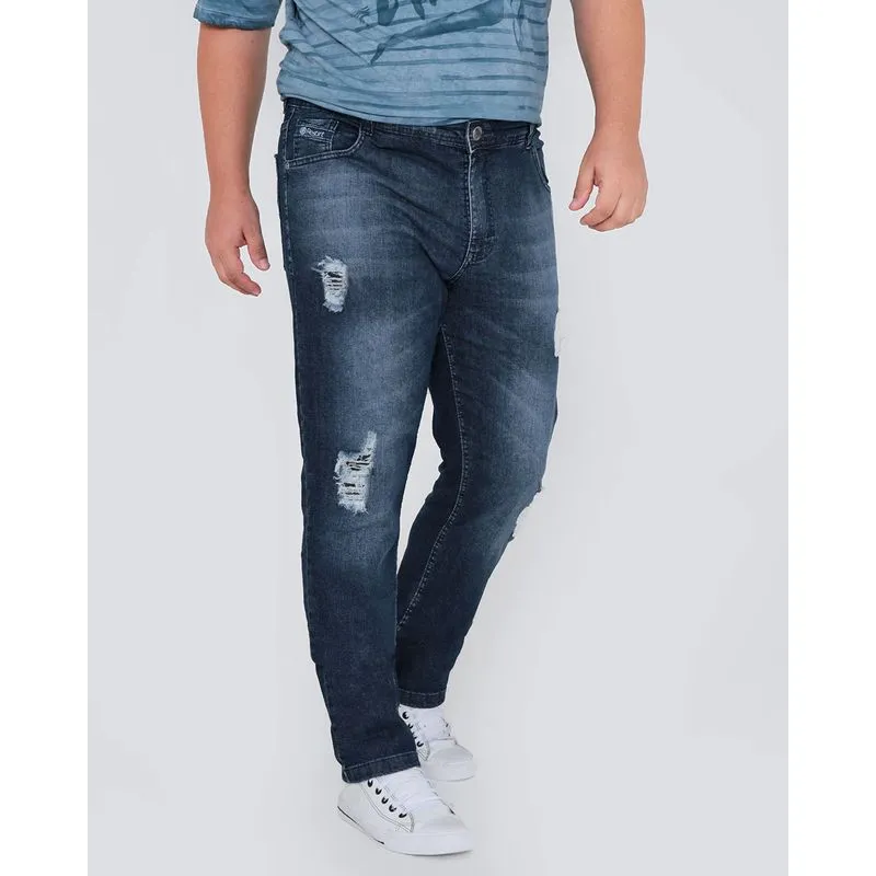 Calça Jeans Slim Masculina Plus Size Destroyed Azul 48