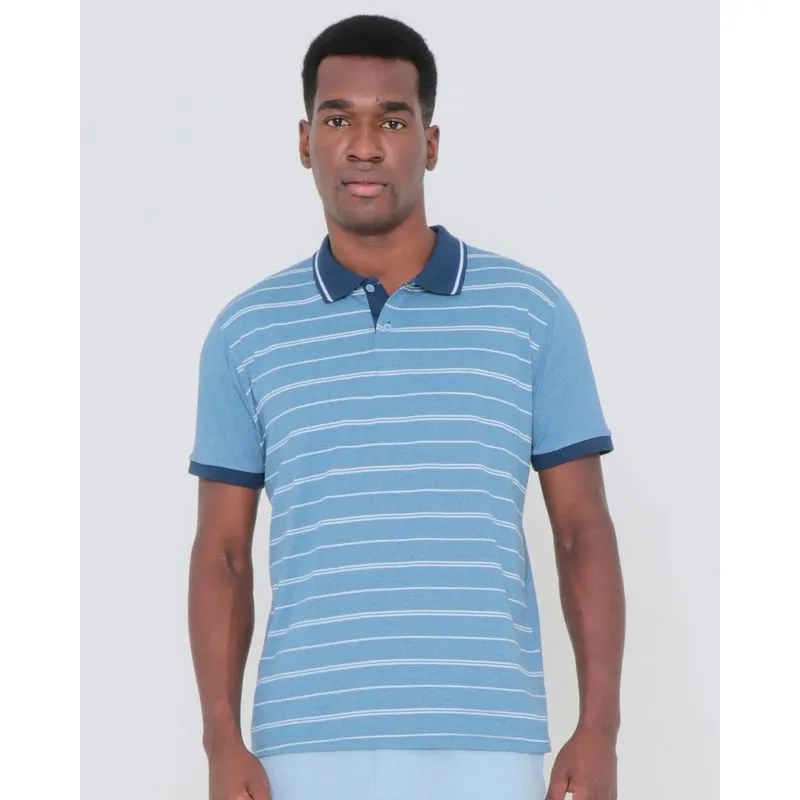 Polo Masculina Listrada Manga Curta Azul P