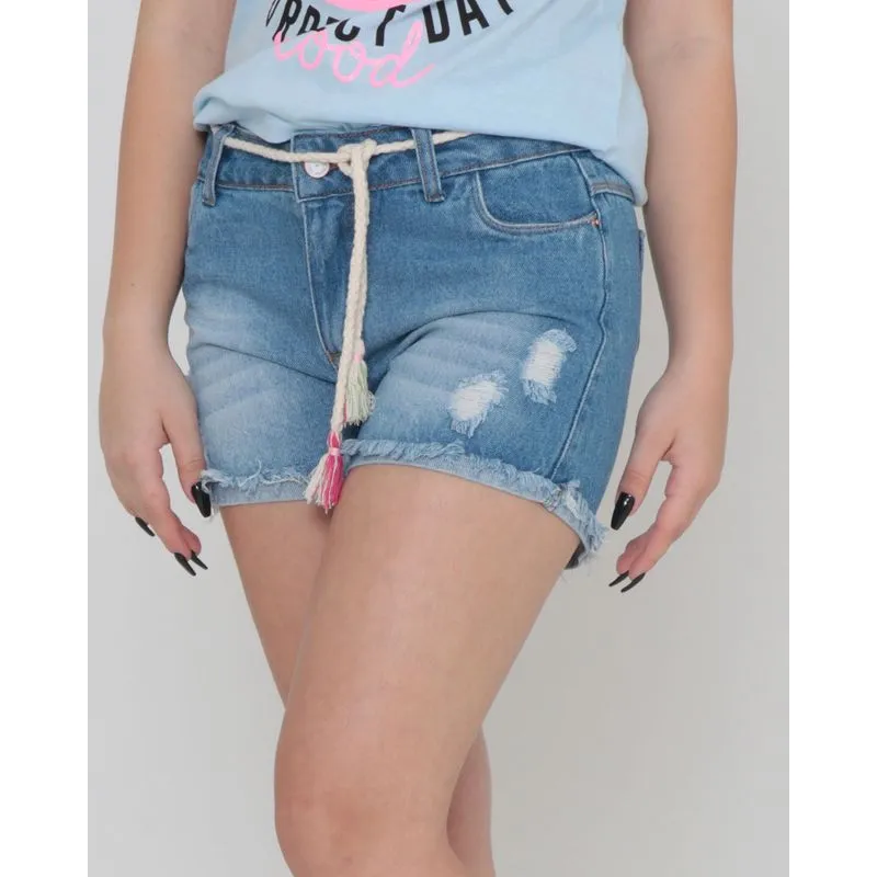 Short Jeans Juvenil Destroyed Com Cordão Azul 10