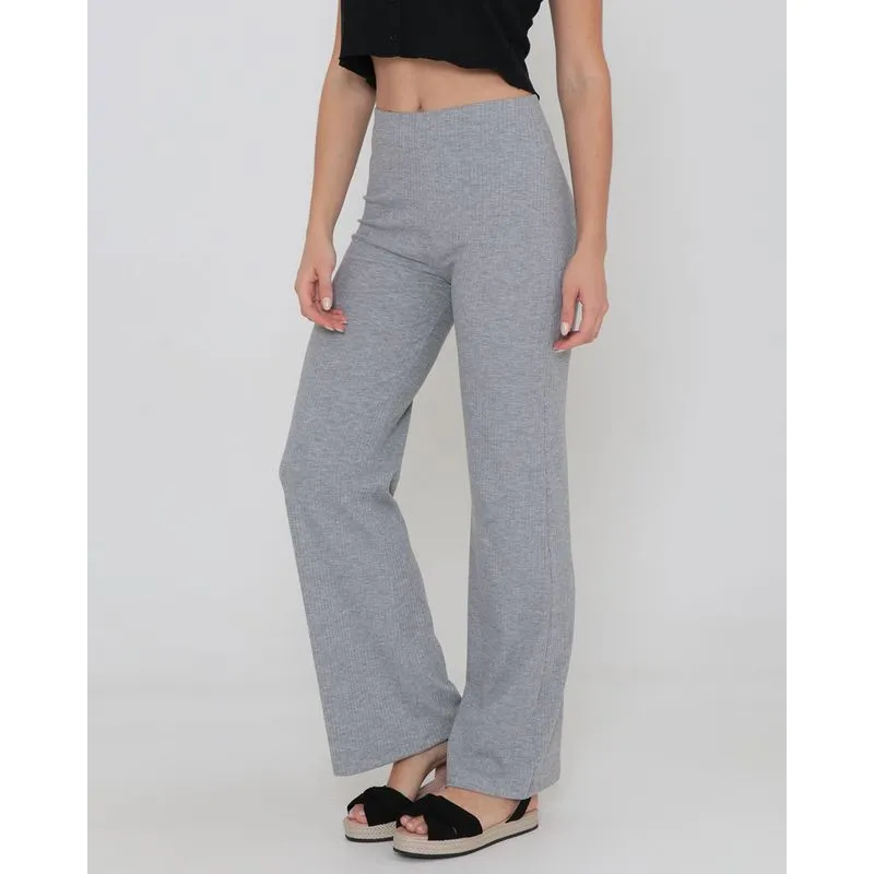 Calça Pantalona Canelada Com Elástico Cinza M