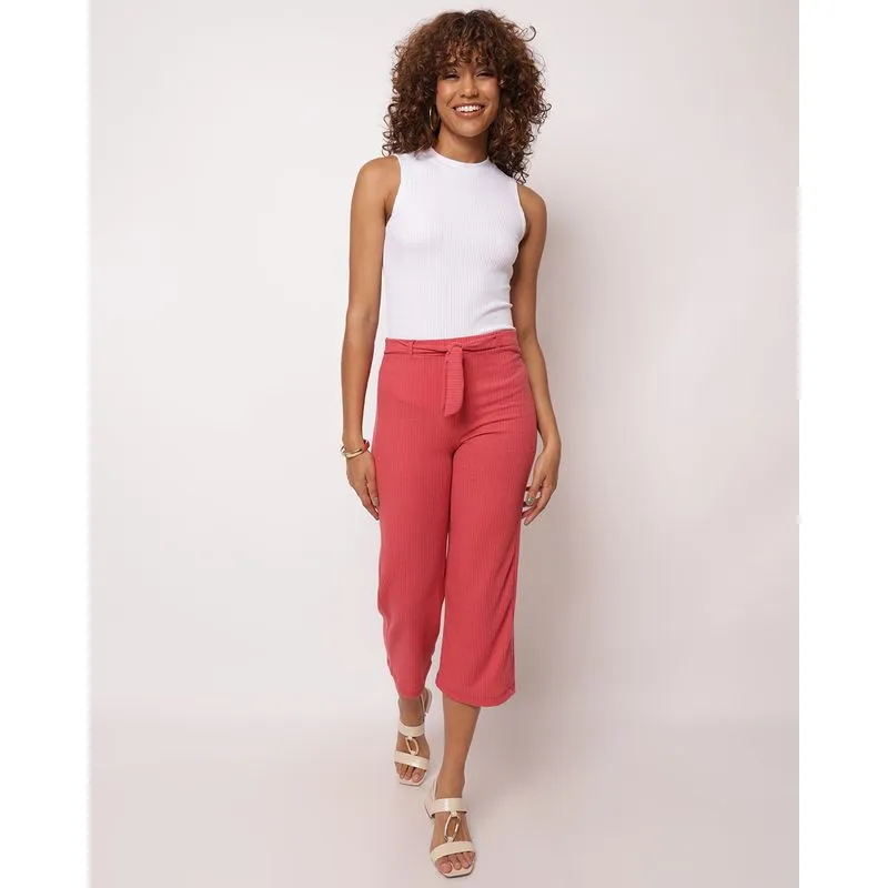 Calça Feminina Pantacourt Canelada Com Amarração Rosa G