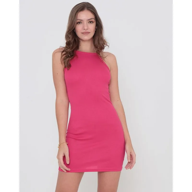 Vestido Malha Canelada Básico Cavado Rosa G