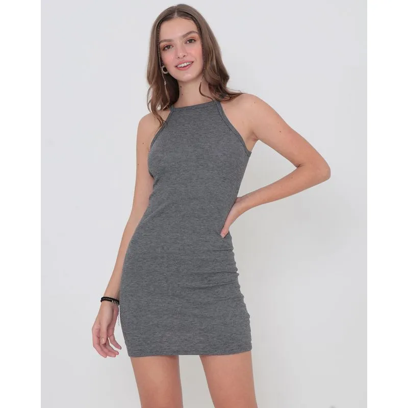 Vestido Malha Canelada Básico Cavado Cinza G
