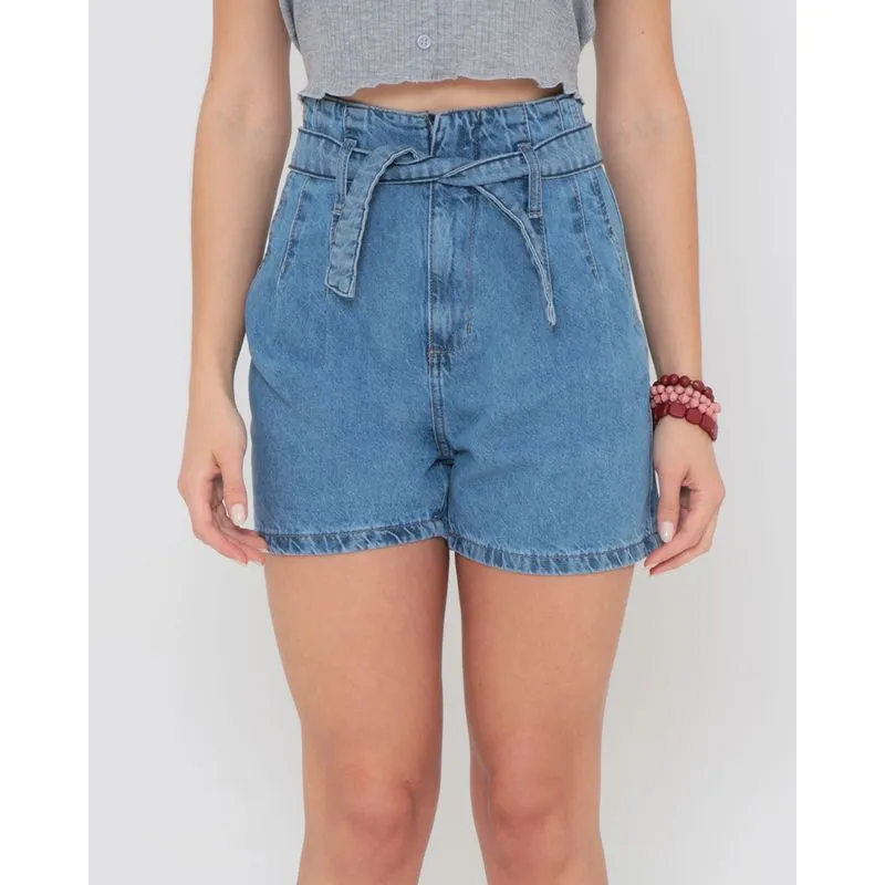 Short Jeans Cintura Alta Com Cinto Faixa Denim Azul 44
