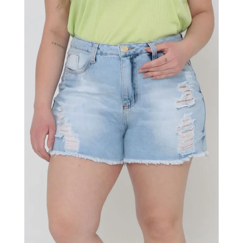 Short Jeans Plus Size Destroyed Azul Claro 54