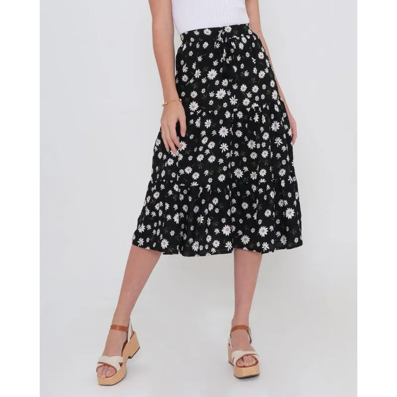 Saia Midi Com Babados Estampa Floral Preta P
