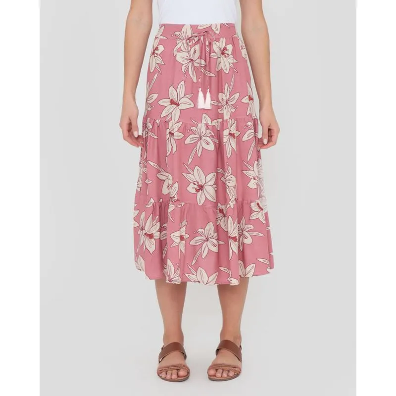 Saia Midi Com Babados Estampa Floral Rosa P