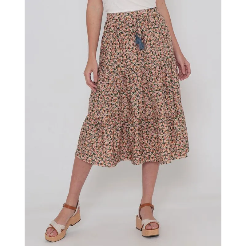 Saia Midi Com Babados Estampa Floral Verde G