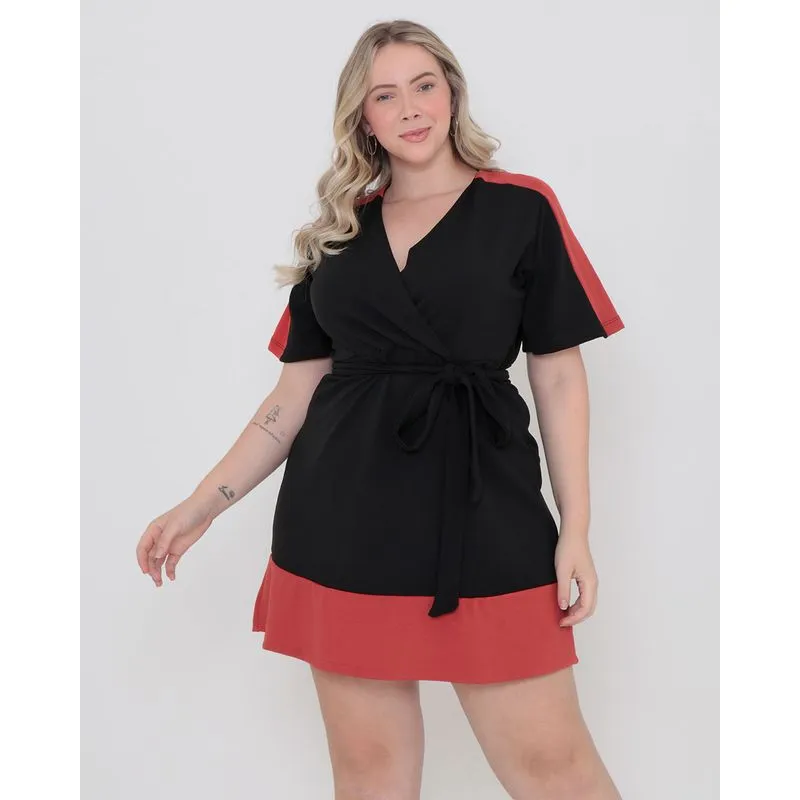 Vestido Plus Size Bicolor Decote V Malha Preto G1