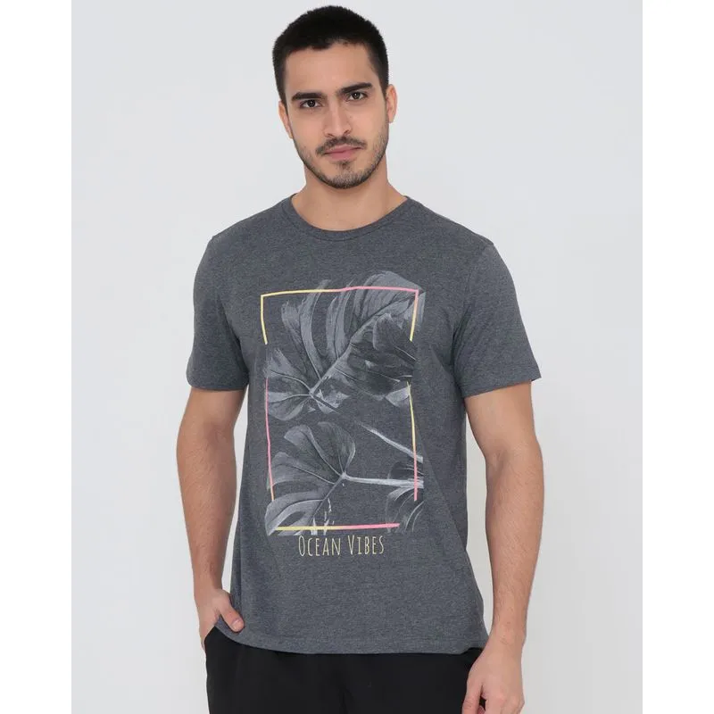 Camiseta Surf Estampa Folhagens Manga Curta Cinza G