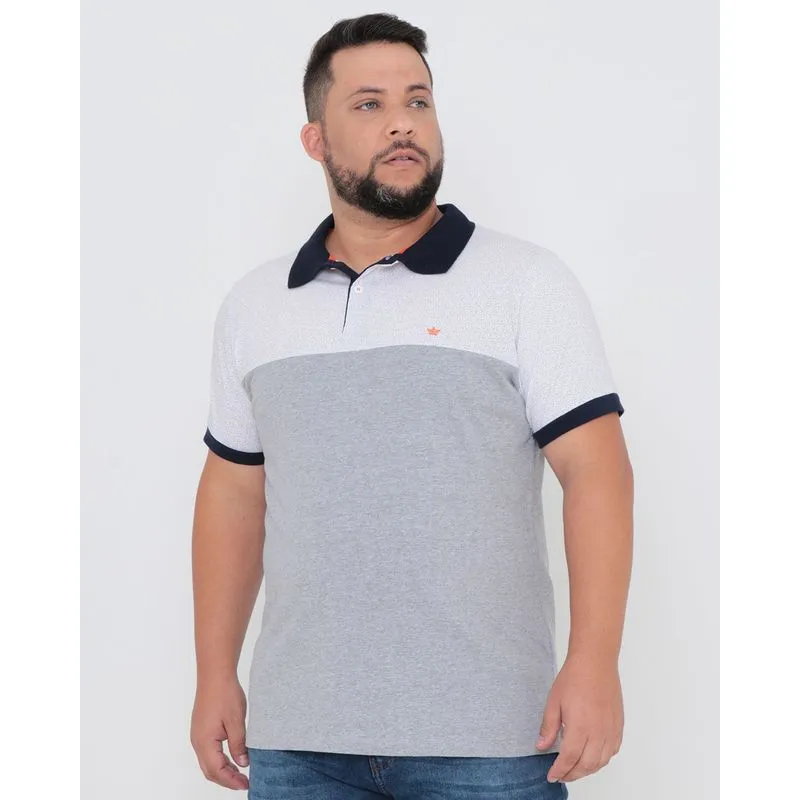 Polo Masculina Plus Size Com Recorte Estampada Cinza Claro G3