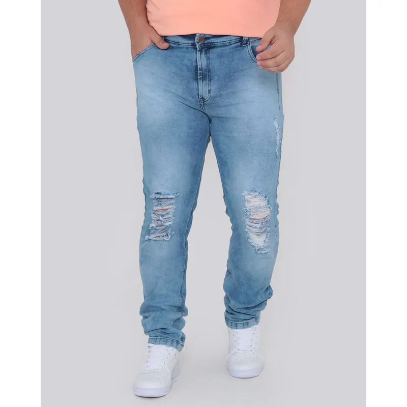 Calça Jeans Masculina Plus Size Slim Destroyed Azul 50