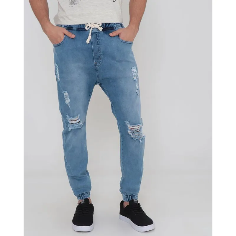 Calça Jeans Masculina Destroyed Jogger Azul Claro 42