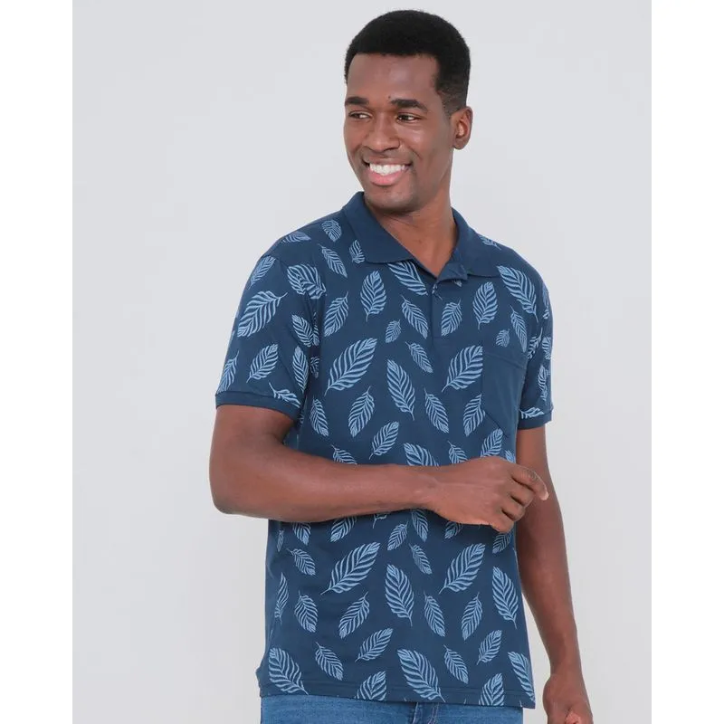 Polo Masculina Bolso Único Estampa Folhas Azul Marinho G