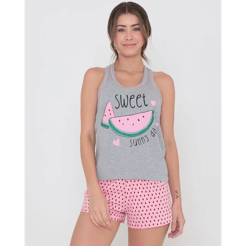Pijama Feminino Nadador Estampa Melancia Mescla Cinza P
