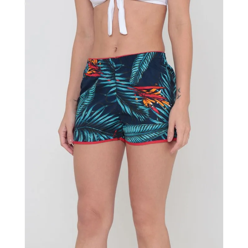 Short Praia Feminino Estampa Folhas Azul Marinho P