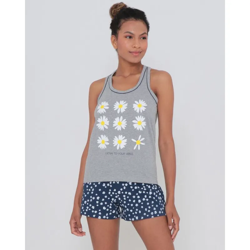 Pijama Feminino Curto Decote Nadador Margaridas Azul Marinho G